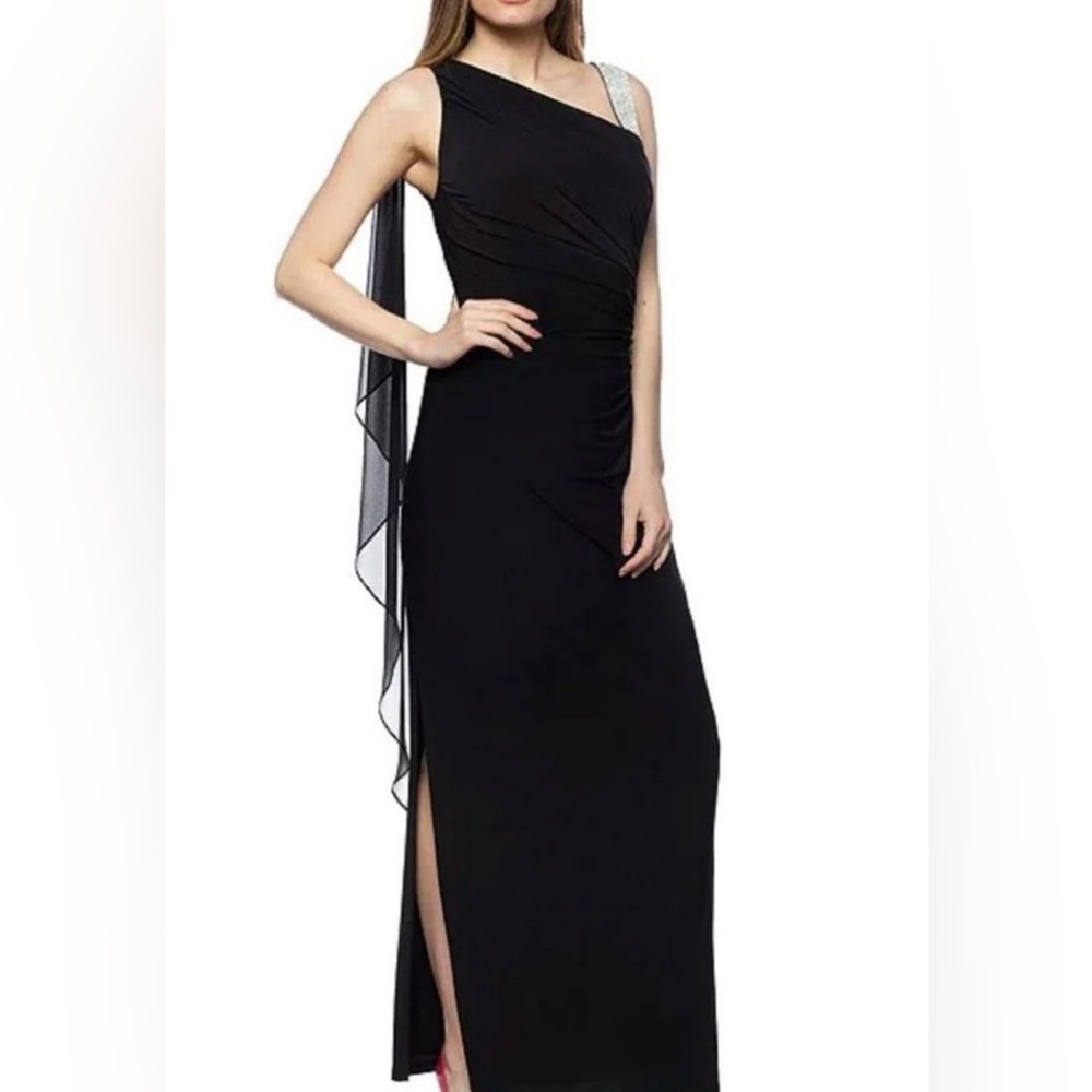 MARINA Black Asymmetrical One-Shoulder Cocktail Gown